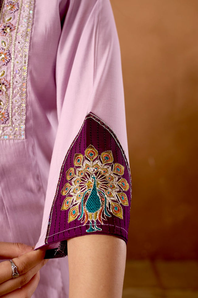 Lavender Floral Embroidered Silk Kurti Palazzo Set (ACB2290)