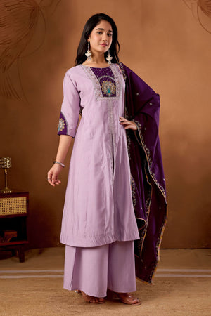 Lavender Floral Embroidered Silk Kurti Palazzo Set (ACB2290)