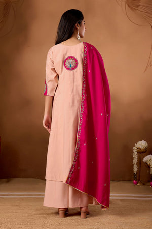 Peach Floral Embroidered Silk Kurti Palazzo Set (ACB2291)