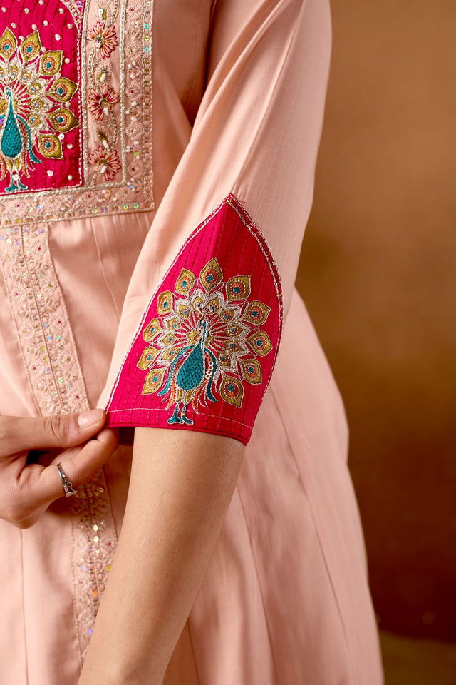 Peach Floral Embroidered Silk Kurti Palazzo Set (ACB2291)