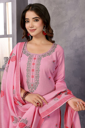 Pink Floral Embroidered Cotton Kurti Pant Set (ACB2292)