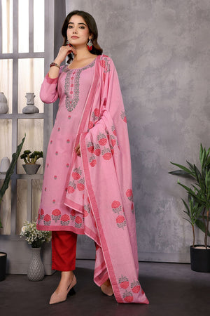 Pink Floral Embroidered Cotton Kurti Pant Set (ACB2292)