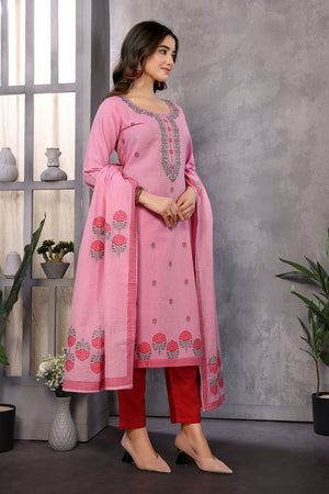 Pink Floral Embroidered Cotton Kurti Pant Set (ACB2292)