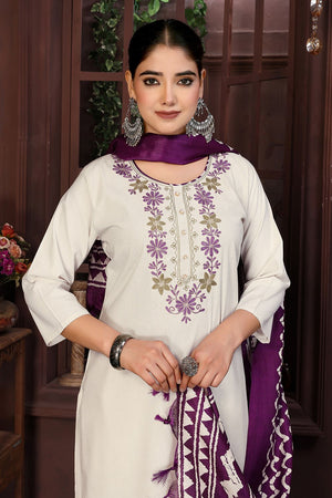 Beige Embroidered Cotton Kurti Pant Set (ACB2293)