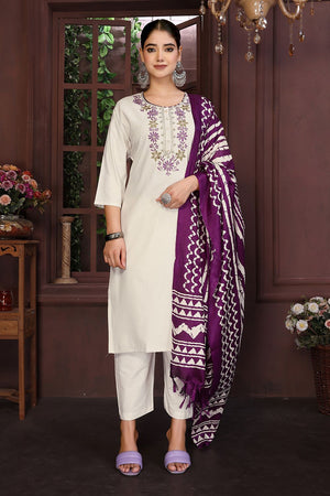 Beige Embroidered Cotton Kurti Pant Set (ACB2293)