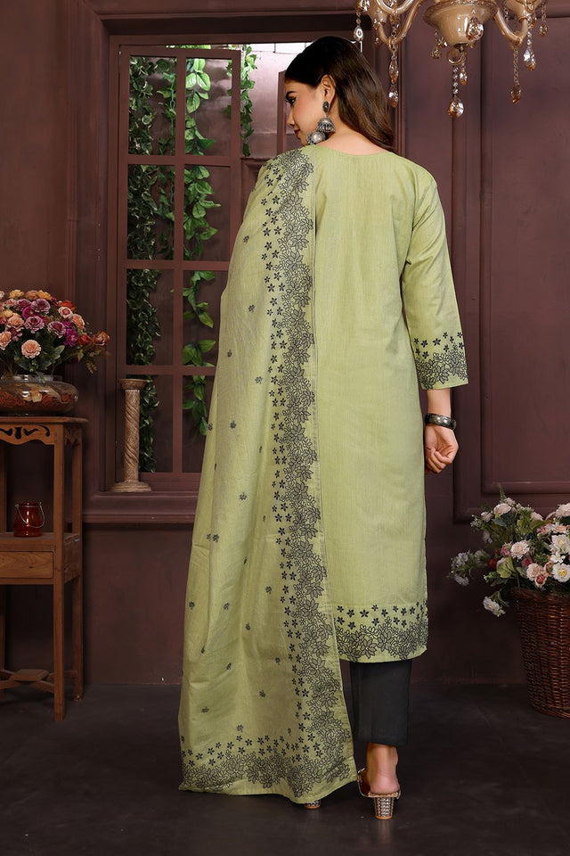 Olive Green Embroidered Cotton Kurti Pant Set (ACB2294)