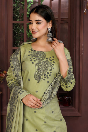 Olive Green Embroidered Cotton Kurti Pant Set (ACB2294)