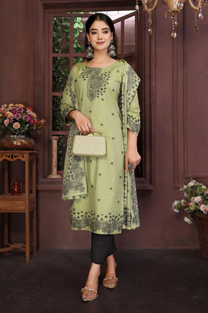 Olive Green Embroidered Cotton Kurti Pant Set (ACB2294)