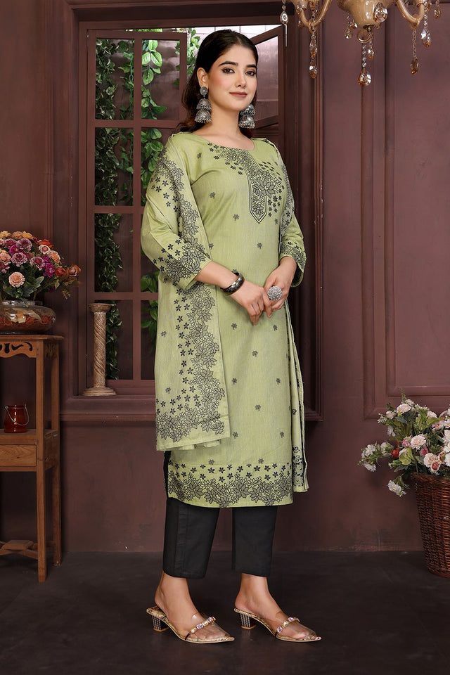 Olive Green Embroidered Cotton Kurti Pant Set (ACB2294)