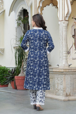 Navy Blue Floral Printed Cotton Blend Kurti Pant Set (ACB2295)