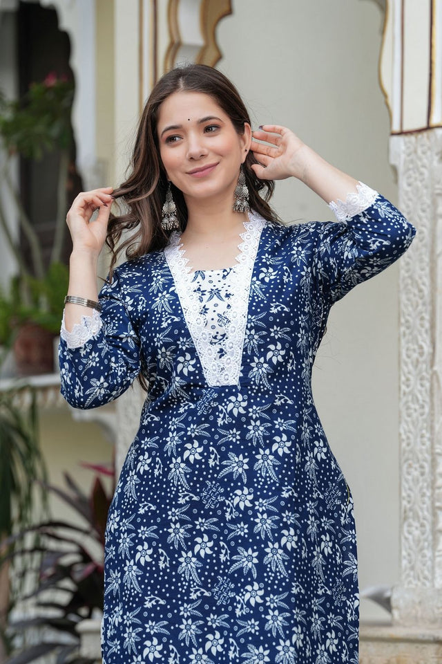 Navy Blue Floral Printed Cotton Blend Kurti Pant Set (ACB2295)
