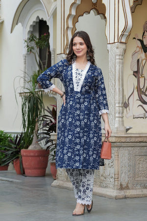 Navy Blue Floral Printed Cotton Blend Kurti Pant Set (ACB2295)