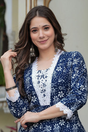 Navy Blue Floral Printed Cotton Blend Kurti Pant Set (ACB2295)