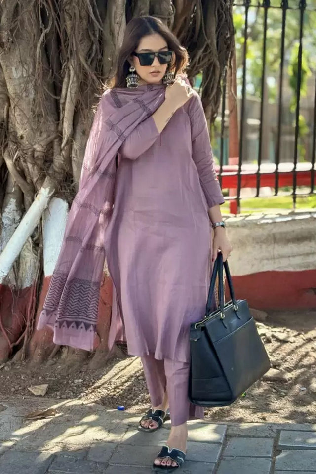 Purple Solid Viscose Kurti Pant Set (ACB2296)