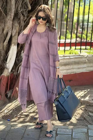 Purple Solid Viscose Kurti Pant Set (ACB2296)