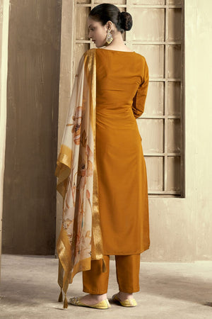 Mustard Embroidered Chanderi Kurti Pant Set (ACB2297)