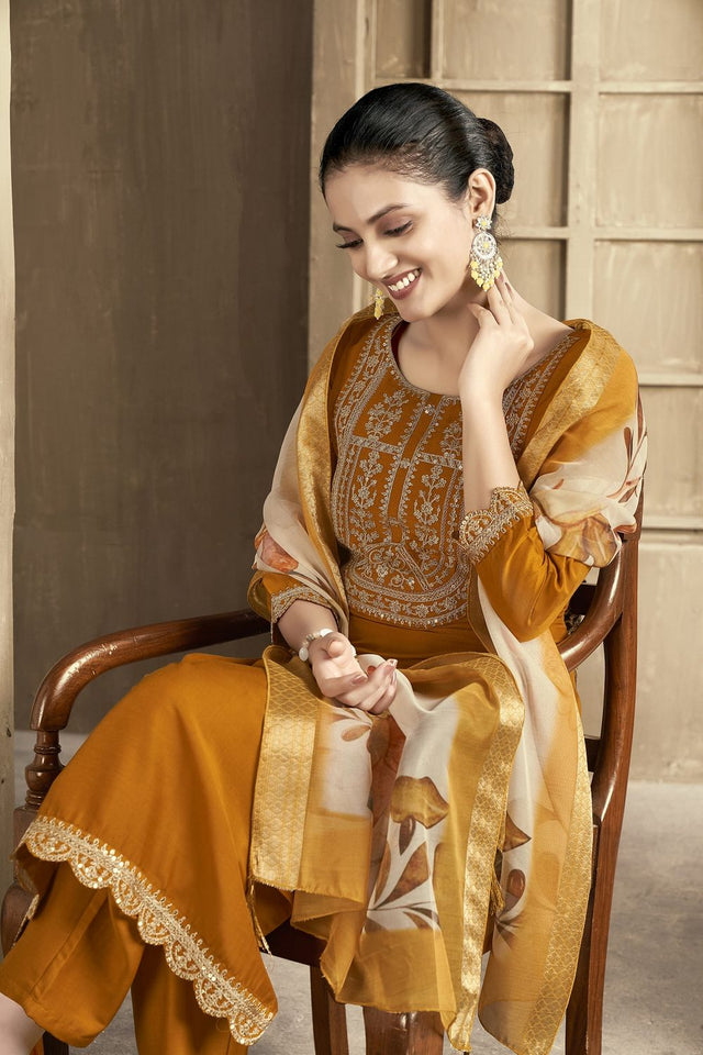 Mustard Embroidered Chanderi Kurti Pant Set (ACB2297)