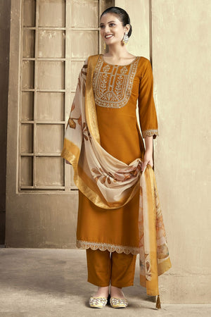 Mustard Embroidered Chanderi Kurti Pant Set (ACB2297)