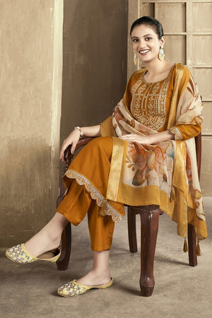 Mustard Embroidered Chanderi Kurti Pant Set (ACB2297)