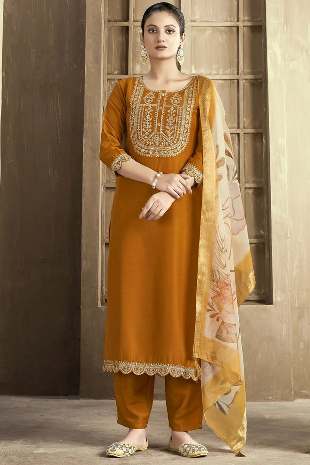 Mustard Embroidered Chanderi Kurti Pant Set (ACB2297)
