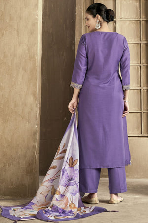 Purple Embroidered Chanderi Kurti Pant Set (ACB2298)