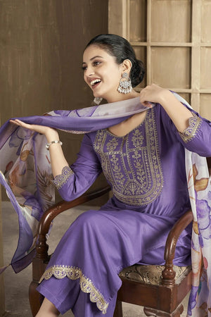 Purple Embroidered Chanderi Kurti Pant Set (ACB2298)