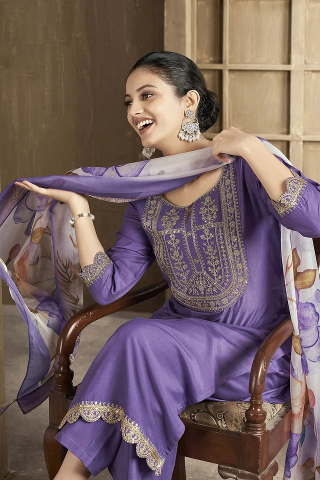 Purple Embroidered Chanderi Kurti Pant Set (ACB2298)