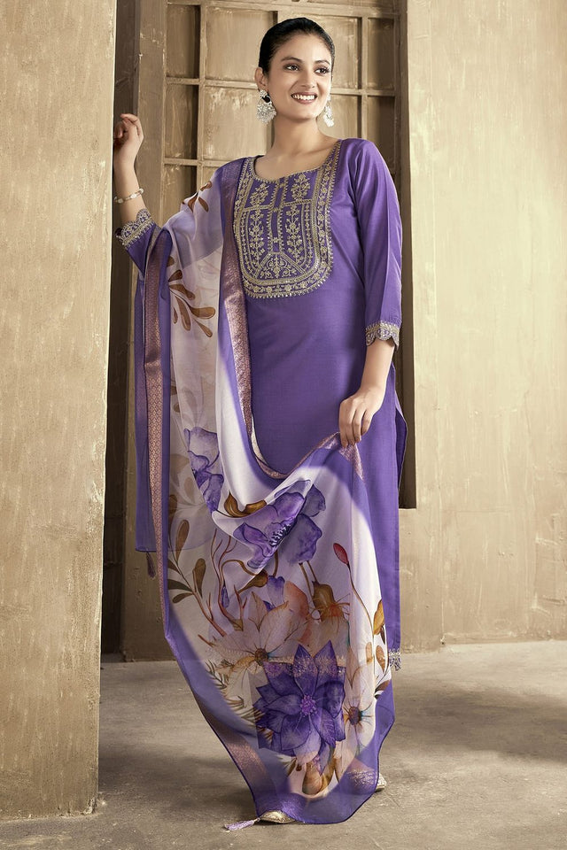 Purple Embroidered Chanderi Kurti Pant Set (ACB2298)