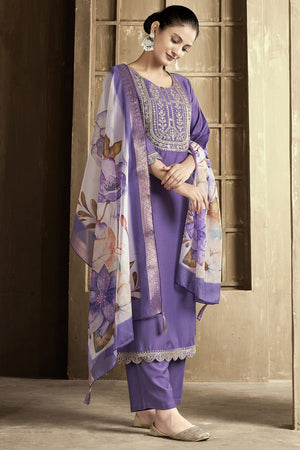 Purple Embroidered Chanderi Kurti Pant Set (ACB2298)