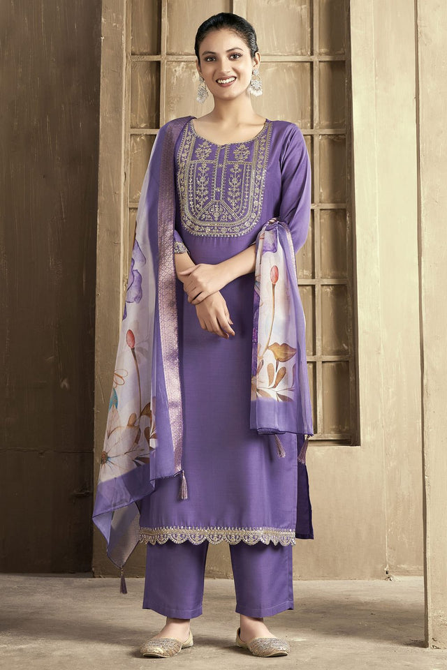 Purple Embroidered Chanderi Kurti Pant Set (ACB2298)