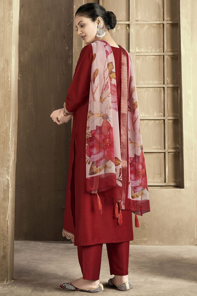 Maroon Embroidered Chanderi Kurti Pant Set (ACB2299)