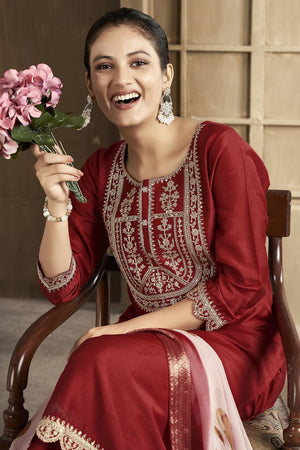 Maroon Embroidered Chanderi Kurti Pant Set (ACB2299)