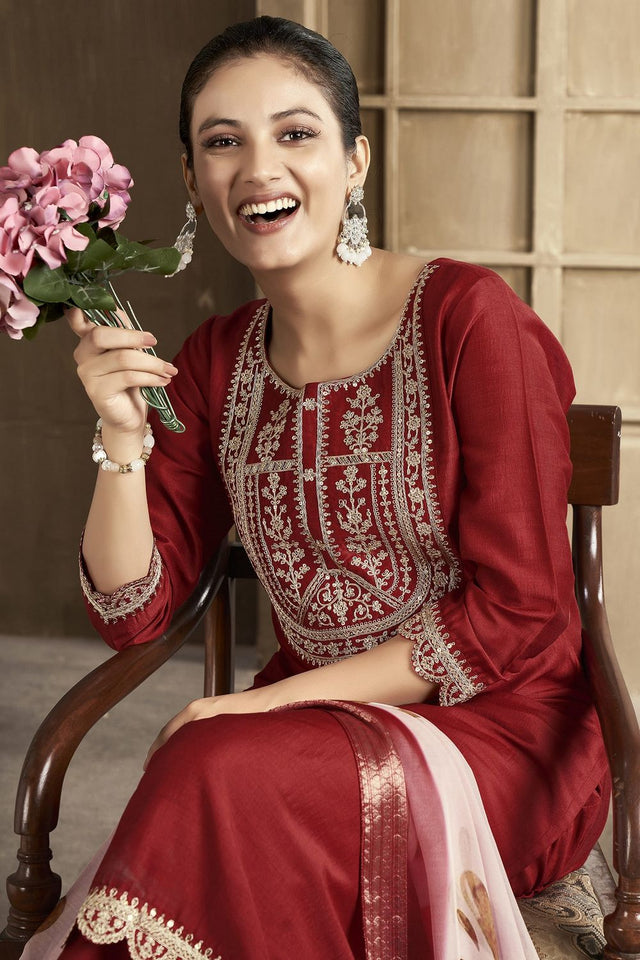 Maroon Embroidered Chanderi Kurti Pant Set (ACB2299)