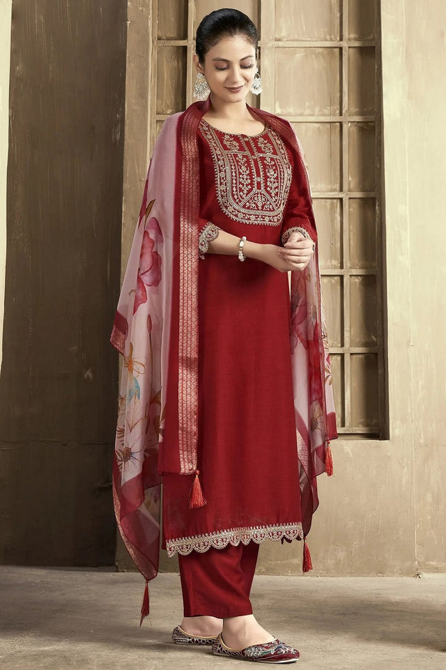 Maroon Embroidered Chanderi Kurti Pant Set (ACB2299)