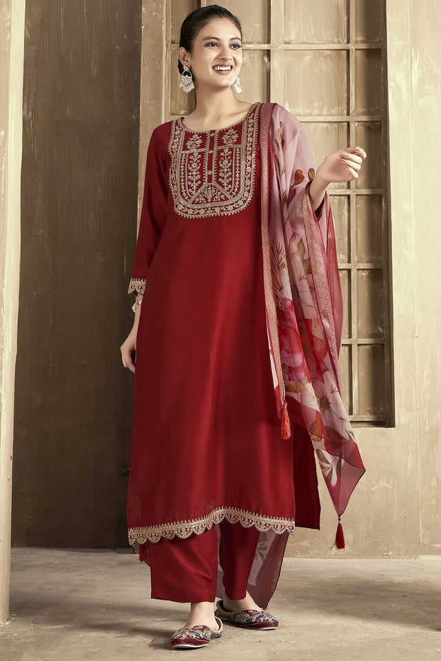 Maroon Embroidered Chanderi Kurti Pant Set (ACB2299)