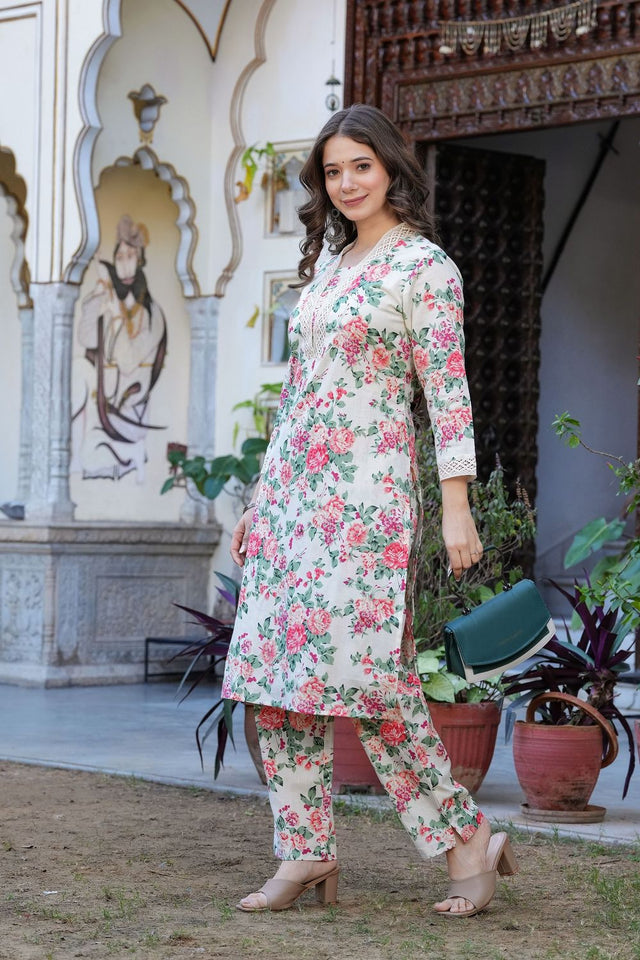Beige Floral Printed Cotton Kurti Pant Set (ACB2300)