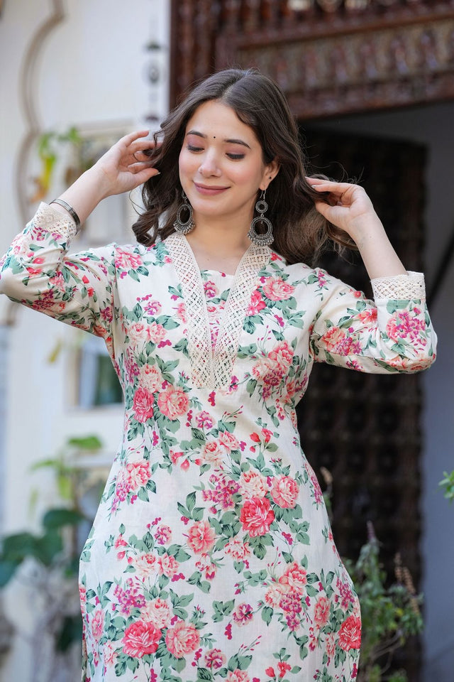 Beige Floral Printed Cotton Kurti Pant Set (ACB2300)