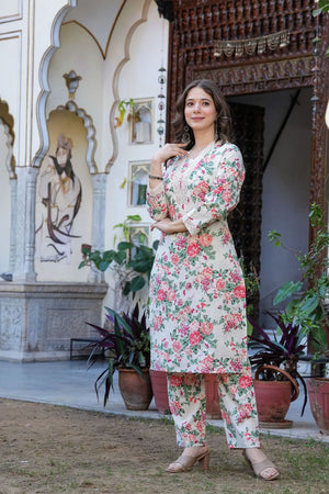 Beige Floral Printed Cotton Kurti Pant Set (ACB2300)