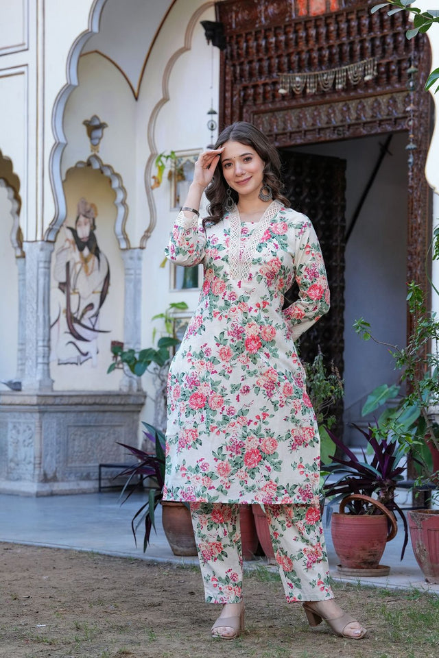 Beige Floral Printed Cotton Kurti Pant Set (ACB2300)