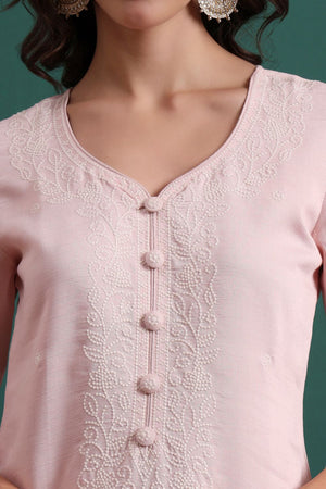Pink Embroidered Silk Blend Kurti Pant Set (ACB2301)