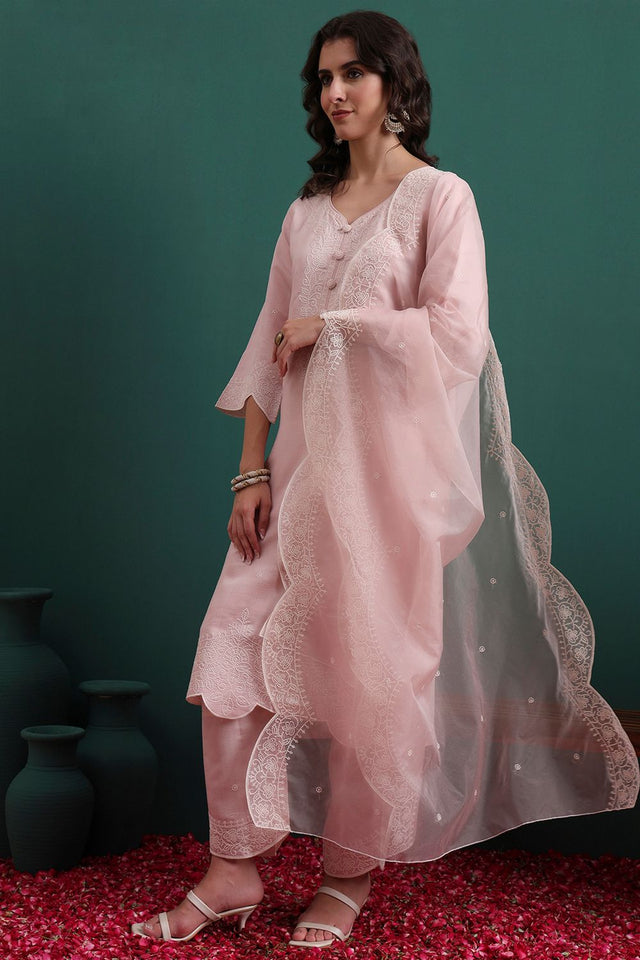 Pink Embroidered Silk Blend Kurti Pant Set (ACB2301)