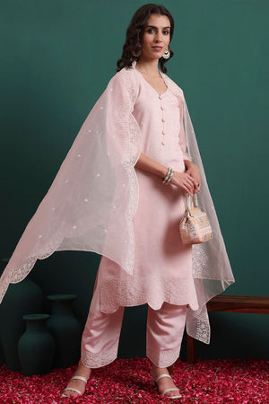 Pink Embroidered Silk Blend Kurti Pant Set (ACB2301)