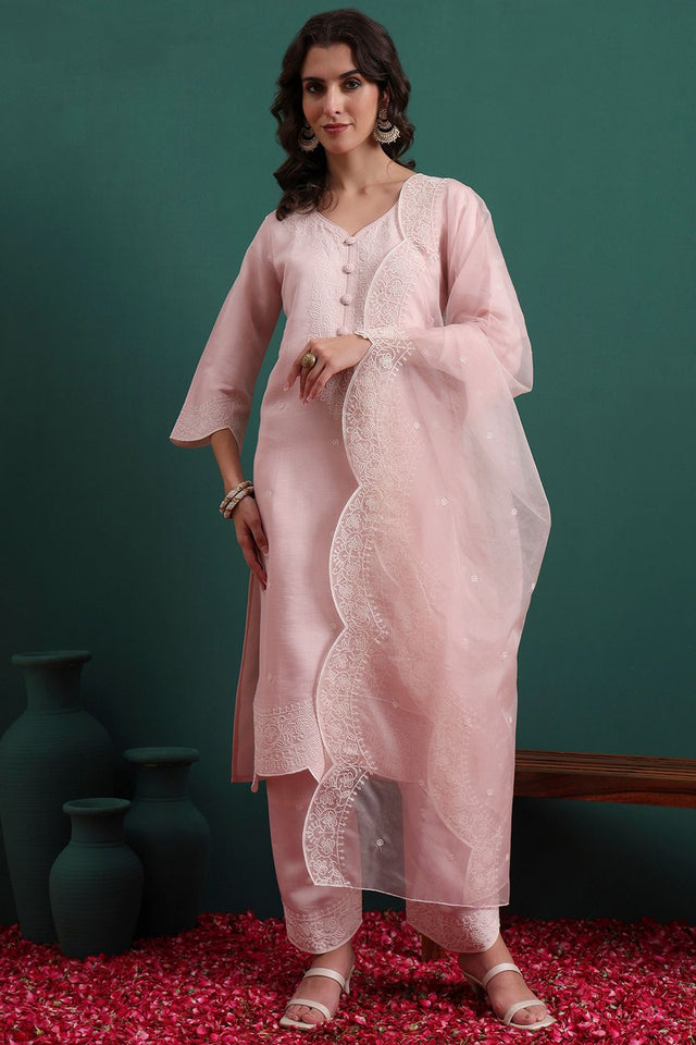 Pink Embroidered Silk Blend Kurti Pant Set (ACB2301)