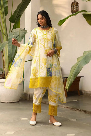 Yellow & White Floral Printed Viscose Kurti Pant Set (ACB2303)