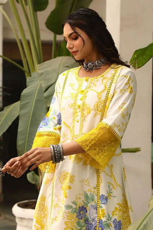 Yellow & White Floral Printed Viscose Kurti Pant Set (ACB2303)