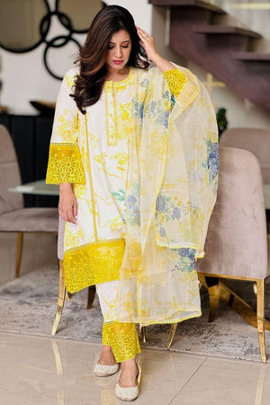 Yellow & White Floral Printed Viscose Kurti Pant Set (ACB2303)