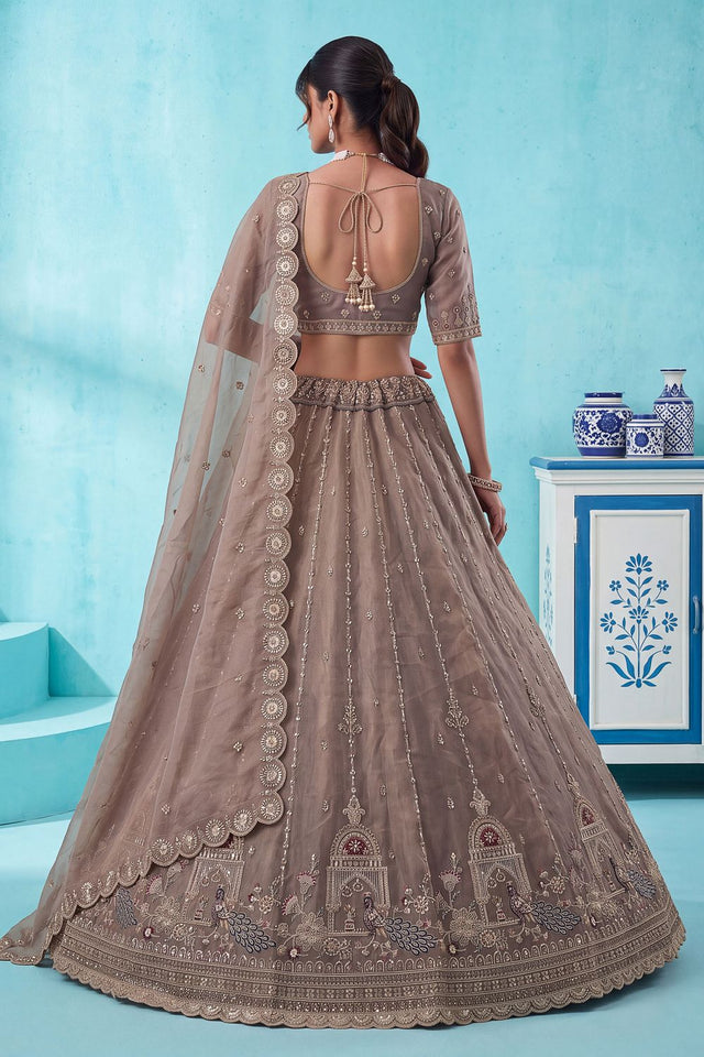Brown Heavy Embroidered Silk Lehenga (ACB2304)