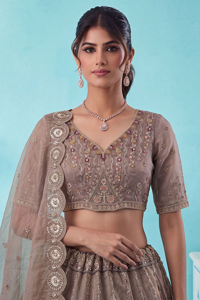 Brown Heavy Embroidered Silk Lehenga (ACB2304)