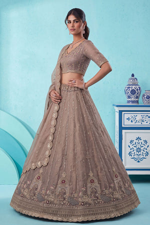 Brown Heavy Embroidered Silk Lehenga (ACB2304)