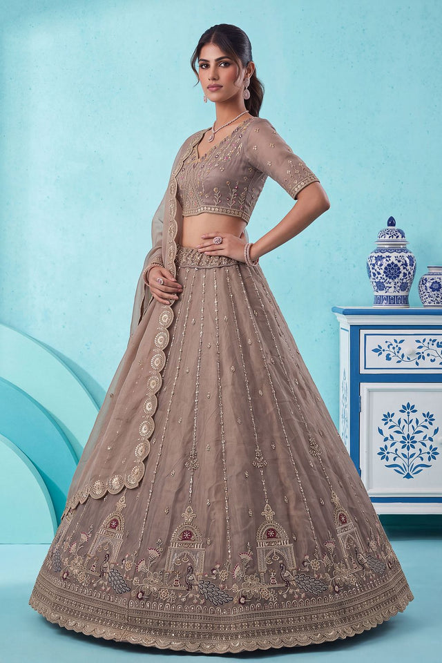 Brown Heavy Embroidered Silk Lehenga (ACB2304)